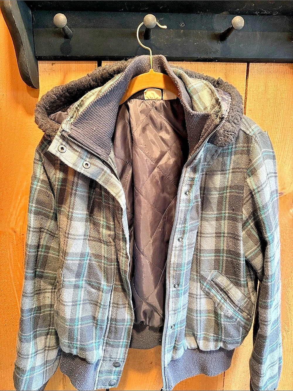Muud Plaid Hooded Jacket Gray & Blue XL